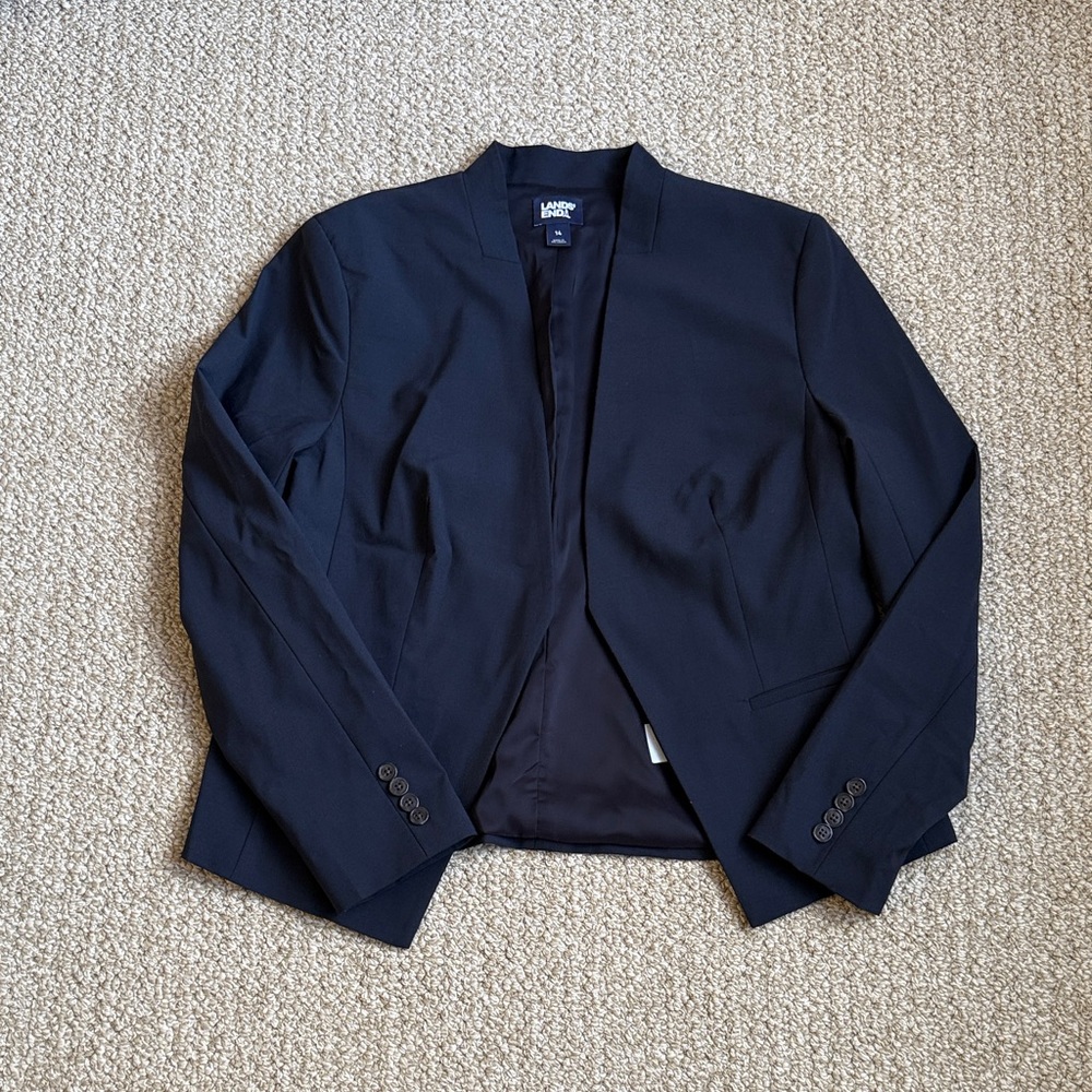 Lands' End Navy Washable Wool Collarless Blazer